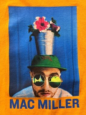 Mac Miller Graphic Tee — Bright Orange with Blue & Green Print